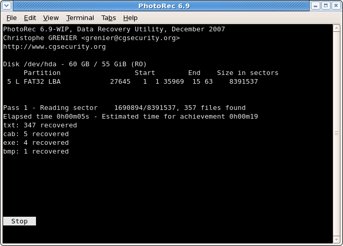 PhotoRec recovery progress screen listing files found during a scan